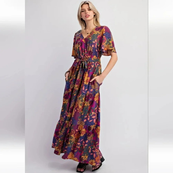 New Easel Floral Challis Short Sleeve Maxi Dress - Picture 1 of 6
